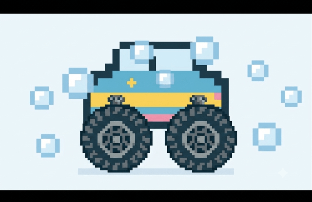 Pixel-art monster truck getting a sudsy Spotliss wash, surrounded by soap bubbles